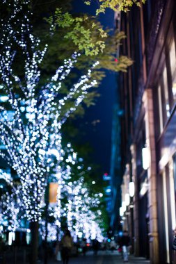 Noel 'de sokakta ışıklandırılmış ağaçların yakın plan çekimi