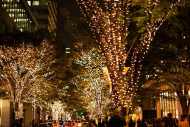 Gece vakti ağaçlardaki noel ışıkları