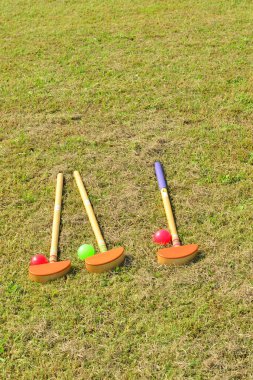 Yeşil alanda ahşap kriket malzemeleri 