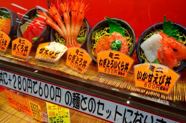 Closeup of fresh seafood on stall in Japanese food market