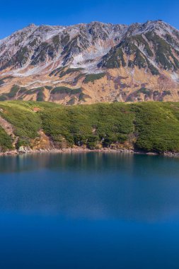 Arka planda dağ olan bir göl. 