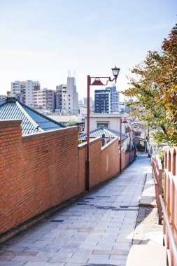 Japonya 'daki evler arasındaki dar sokak.