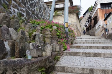 Yosunlu heykellerin ve çiçeklerin yanından geçen taş adımlar.