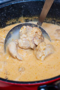 Soslu tavuk eti ve tavada baharat.