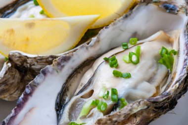 Limonlu taze istiridye yakın.
