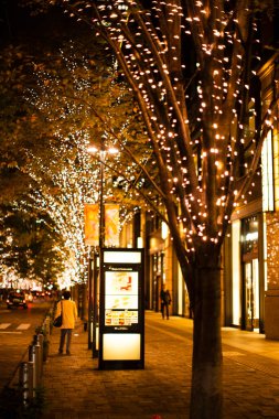 Noel 'de sokakta ışıklandırılmış ağaçların yakın plan çekimi
