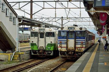 Kalabalık tren istasyonunda modern trenler, gündüz görüşü 