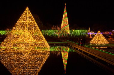 Japonya 'daki akşam kentinde Noel ağacı ve piramitler. 