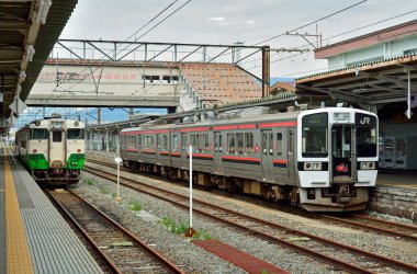 Kalabalık tren istasyonunda modern trenler, gündüz görüşü 