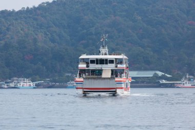 Büyük Yolcu Feribotu Stern, Arka planda Ormanlı Tepeler ile Limandan Kalkıyor