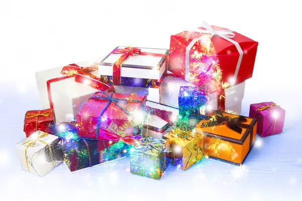 Pile Colorful Gift Boxes Decorated Ribbons Christmas Card Background — Stock Photo, Image