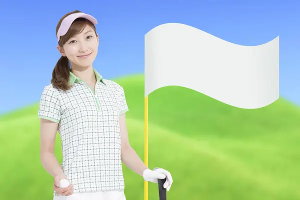 Ázsiai Kezében Golf Zászló Golf Klub — Stock Fotó
