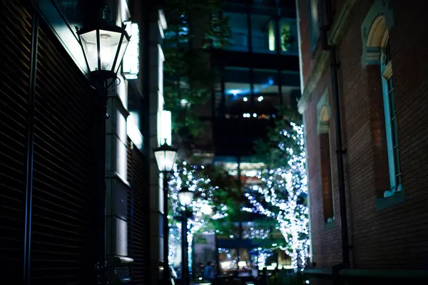 Zbliżenie Ujęcia Podświetlanych Drzew Ulicy Podczas Świąt Bożego Narodzenia — Zdjęcie stockowe