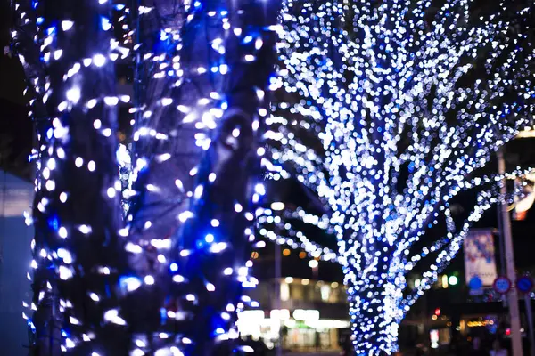 Close Tiro Árvores Iluminadas Rua Durante Natal — Fotografia de Stock