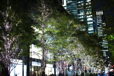 Geceleri şehrin modern binası. 