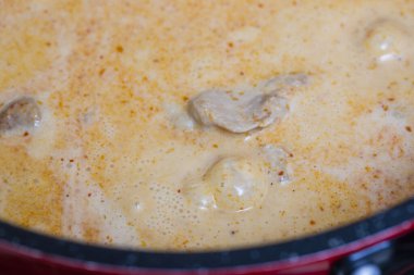 Soslu tavuk eti ve tavada baharat.