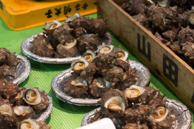 Japon şehrindeki balık pazarı manzarası, satılık yumuşakçalar.