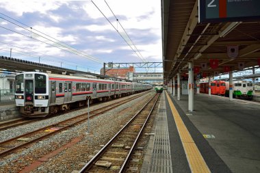 Kalabalık tren istasyonunda yolcu trenleri, gündüz görüşü 