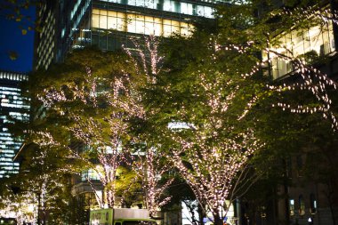 Geceleri şehrin modern binası. 