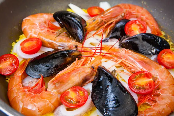 Seafood Paella Pan Prawns Mussels Food Background Stock Image