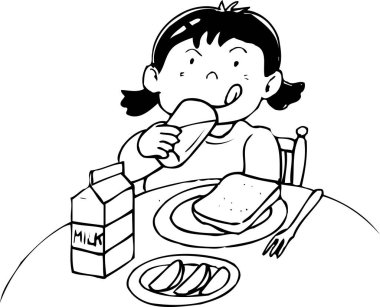 Masada sandviç yiyen bir kızın resmi. 