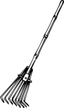 El çizimi, uzun saplı bir bahçe tırmığının siyah beyaz çizimi.