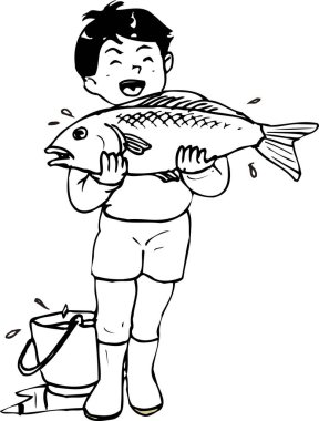 Balıkçı ve balığın karikatür çizimi