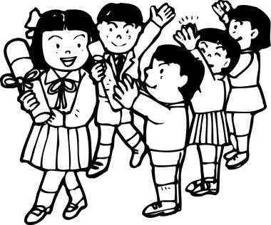 Gülümseyen çocuklar mezuniyeti kutluyorlar diplomaları dışarıda tutuyorlar.