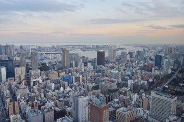 Gündüz vakti modern Japon şehrinin havadan görünüşü