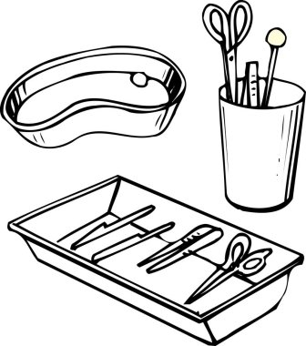 El çizimi çizimi çizimi. Ameliyat araçlarıyla boyama kitabı sayfası 