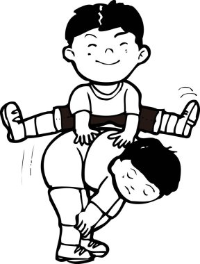 Dışarıda kurbağa oynayan iki çocuk mutlu bir şekilde gülümsüyor.