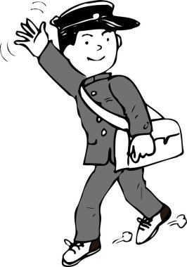 Elle çizilmiş bir taslak. Üniformalı gülümseyen bir çocuk elini sallıyor..