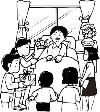 El çizimi çizimi çizimi. İnsanları hastanede ziyaret eden insanların olduğu boyama kitabı sayfası   