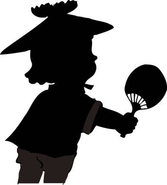 Çizgi sanatı çizimi. Geleneksel şapkalı küçük çocuk elinde bir vantilatör tutuyor..