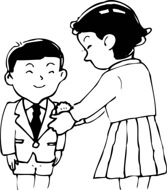 Bir çizgi çizimi, mutlu bir ifadeyle bir çocuğun ceketini düzelten bir kadını resmediyor..