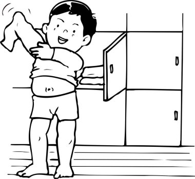 Açık dolabın yanında gülümseyen çocuk.