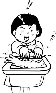 Beyaz arka planda ellerini yıkayan bir çocuk. 