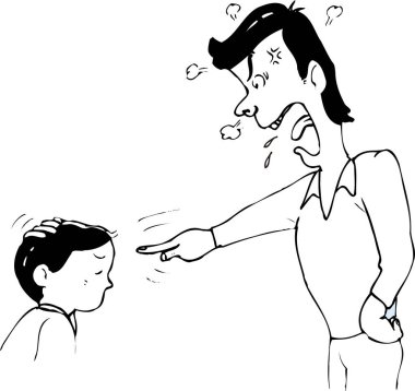 Kızgın adam, üzgün çocuğu azarlarken, aynı zamanda suçlar.