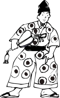 Kabuki aktörü geleneksel giyinmiş, beyaz arkaplanda izole edilmiş siyah beyaz bir resim.