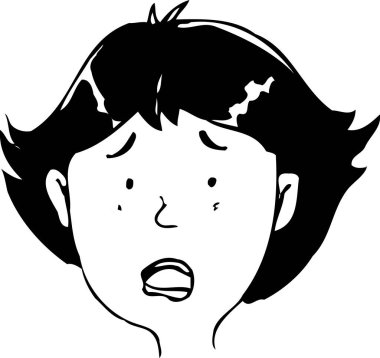 Şok olmuş kadın yüzü, beyaz arka planda izole edilmiş basit siyah beyaz çizimler.