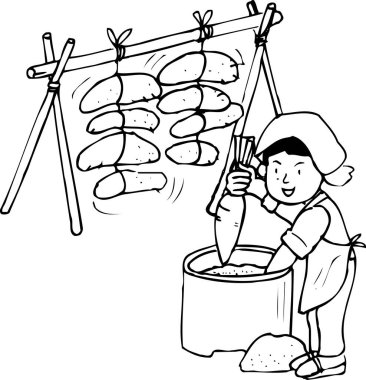 Gülümseyen çocuk dışarıda kuru ekmeğin yanında yemek hazırlıyor.