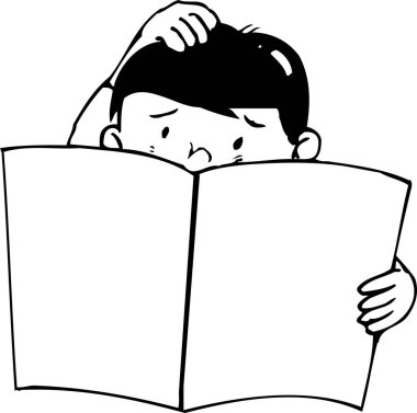 Kitabı okuyan adam, beyaz arka planda izole edilmiş basit siyah beyaz çizim.