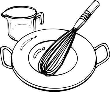 Bir tava, çırpı ve ölçü kabının siyah ve beyaz çizimi.