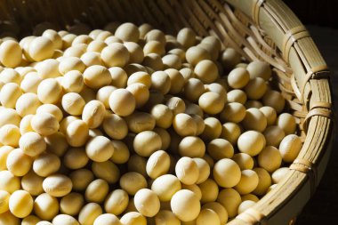 Pişirmek için bir tabak çiğ soya fasulyesi. 