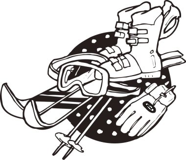 Kayak ekipmanları ayarlandı, beyaz arkaplanda izole edilmiş basit siyah beyaz çizimler