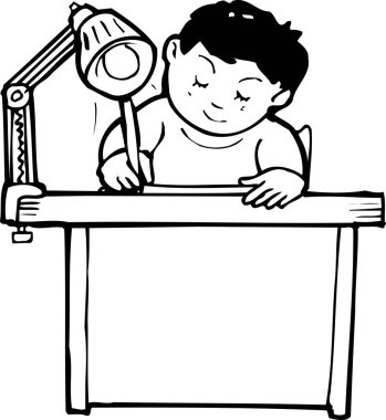 Çizgi film çocuğu beyaz arka planda yazı yazıyor. 