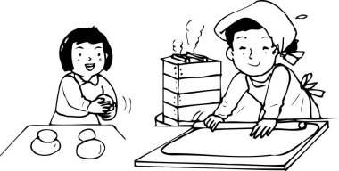 Çocuklar fırının yanında hamur topları yapıyorlar.