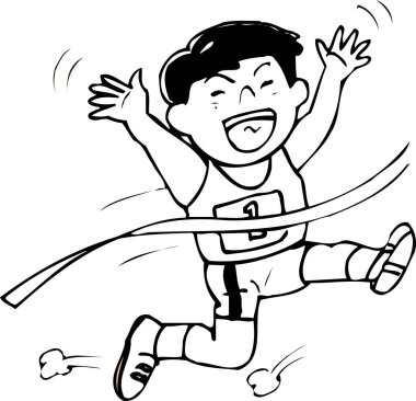 Mutlu çocuk koşuyor ve yarışı kazanıyor. siyah ve beyaz basit illüstrasyon