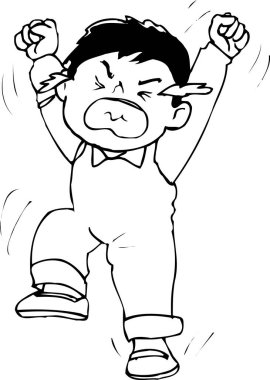 Kızgın çocuk yumruklarını sıkarken ayaklarını yere vuruyor.