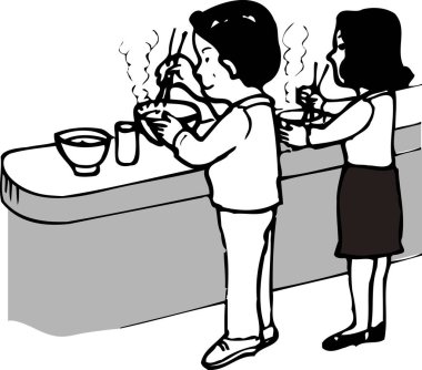 Yemek çubuklarıyla yemek yiyen iki kişinin el çizimi, siyah beyaz çizimi..